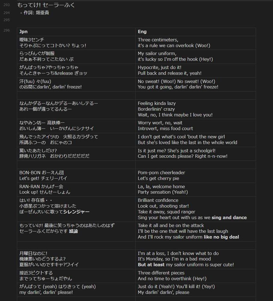 A parallell translation (Jpn and Eng) of "Motteke! Sailor-fuku", written by Hata Aki

> Three centimeters, it's a rule we can overlook (Woo!)
> My sailor uniform, it's lucky so I'm off the hook (Hey!)
> Hypocrite, just do it! Pull back and release it, yeah!
> No sweat! (Woo!) No sweat! (Woo!) You got it going, darlin' darlin' freeze!

> Feeling kinda lazy Borderlinin' crazy Wait, no, I think maybe I love you!
> Worry wort, no, wait Introvert, miss food court
> I don't get what's cool 'bout the new girl
> But she's loved like the last in the whole world
> Is it just me? She's just a schoolgirl! 
> Can I get seconds please? Right n-n-now!

> Pom-pom cheerleader Let's get cherry pie
> La, la, welcome home Party sensation (Yeah!)
> Brilliant confidence Look out, shooting star! Take it away, squad ranger Sing your heart out with us as we **sing and dance**
> Take it all and be on the attack I'll be the one that will have the last laugh And I'll rock my sailor uniform **like no big deal**