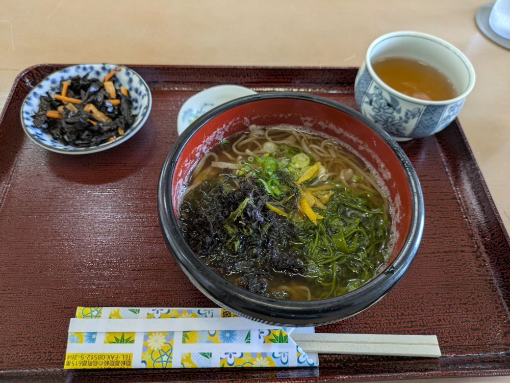 soba (topped with green ingredients), a cup of tea and a side dish on one plate