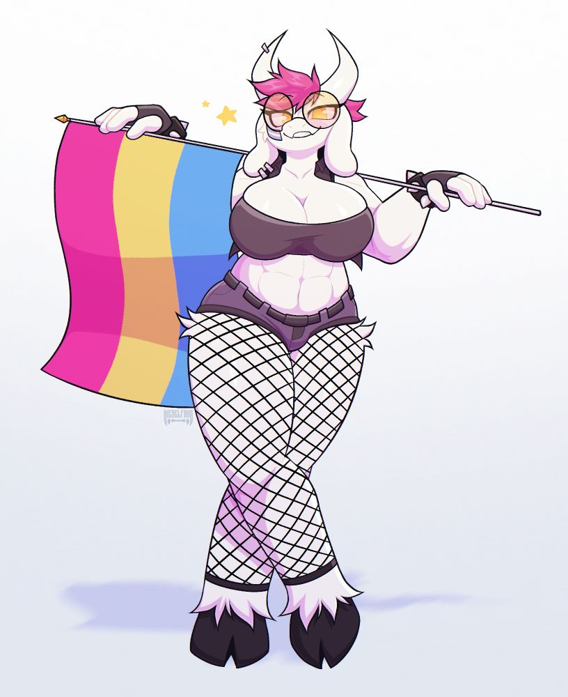 An art piece of Alessi, Sinn's OC/Fursona: A white-furred goat girl with fishnets, short shorts, a small top, and spiked fingerless gloves, topped off with rounded glasses and a shot of pink hair between her horns. She has a pansexual flag resting on her shoulders and a trans flag on her cheek, both of which she/Sinn identify with.