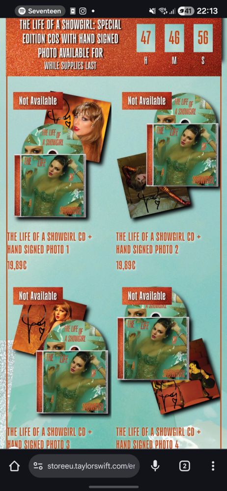 print da loja da taylor swift mostrando que todas as edicoes autografadas do album the life of a showgirl estão esgotadas. o preço é de 19,89 euros.