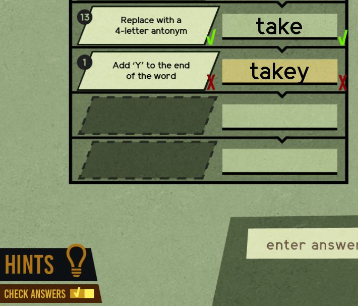 The lower left corner of a screen for Puzzle Spy International. In the lower left is the Hints button (with a light bulb on it) and below that is a glowing button labeled "Check Answers" with a toggle switch and a checkmark showing that it's activated. Above are some answers to a puzzle, some with green checks showing that they are correct and some with red Xs showing that they are not. 