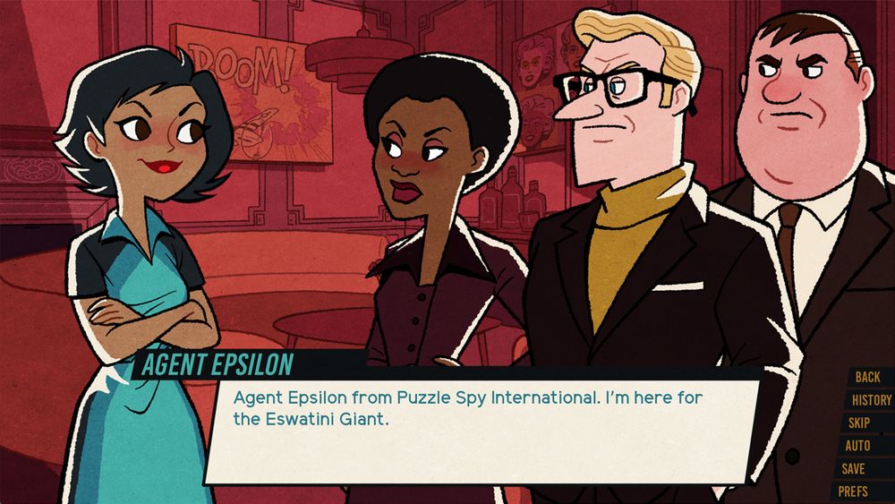 An apartment with fancy art on the wall and 60s mod couch and light fixture, all in red. Agent Epsilon - Indian, short hair, teal mod dress - stands with arms crossed. She is facing three other people - a black woman with an afro and a wide-collared dress, an unamused white guy with blonde hair, thick-framed glasses, mustard-colored turtleneck and a black blazed, and a thick white man with a rounded head and nose wearing a brown suit and tie. 
Agent Epsilon is introducing herself: "Agent Epsilon from Puzzle Spy International. I’m here for the Eswatini Giant."
All of the art is drawn in a simplified mid-century style.