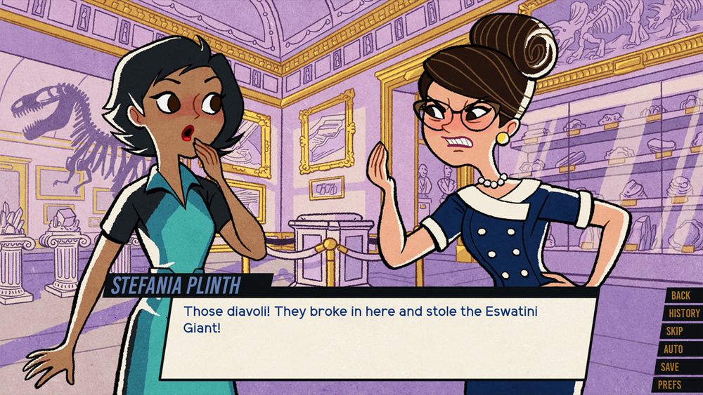 Agent Epsilon is confronted by Stefania Plinth, who is agrily gesturing and saying "Those diavoli! They broke in here and stole the Eswatini Giant!" Both women are in 60s outfits, Epsilon in a teal mod short-sleeved dress and Stefania in a blue and cream dress with a wide collar and double-breaster buttons up the front. She's got cats-eye glasses and her hair is in a tight bun. Both are standing in the geology museum, with display cases of rocks, framed phots of how plate tectonics work, and a T-rex skeleton in the back. The scene is purple and gold and the whole thing is drawn in a mid-century modern art style.