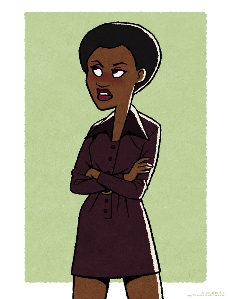 A slim black woman in her late 20s or early 30s, drawn in an angular, mid-century style, with a 60's afro and a dark aubergine wide-lapelled 60s mini-skirt dress. She's giving a huge eye roll. 