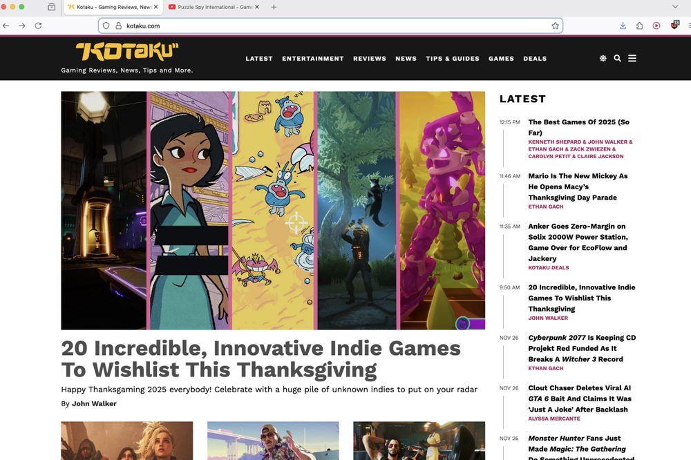 The front page of gaming site Kotaku circa November 27, 2025, which shows an article title "20 Incredible, Innovative Indie Games To Wishlist This Thanksgiving" by John Walker. The large accompanying image shows vertical banners for 5 colorful games, one of which is for Puzzle Spy International and features a nice large image of Agent Epsilon.