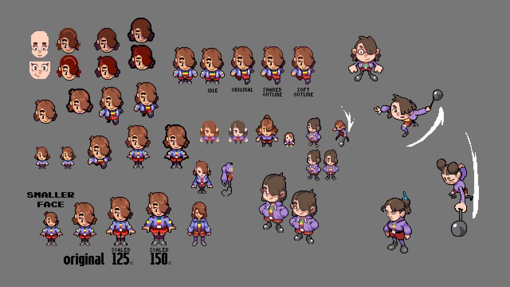 A number of pixel art drawing of the same character in different styles, showing how many ways there are to draw a character. meant to find one the developer loves.