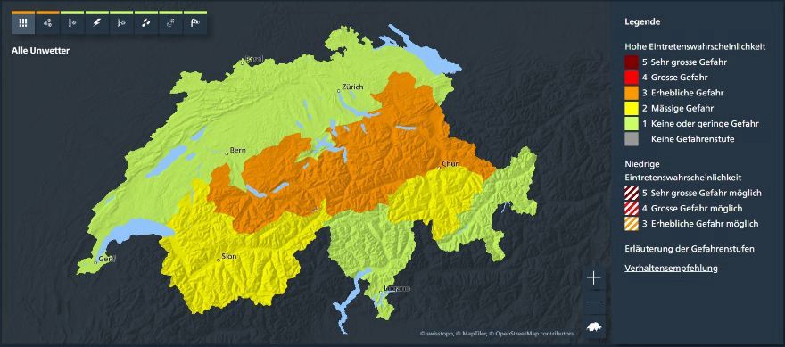 Warnkarte gültig von Dienstagmittag 5. März bis Mittwochmittag 6. März 2024 (MeteoSchweiz)