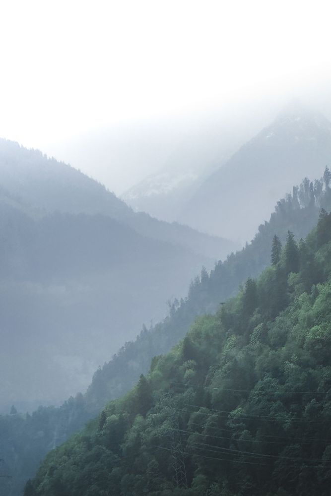 A serene landscape of misty mountains layered in soft hues of blue and green. The foreground features dense forested hills with visible power lines, while the background fades into mist, obscuring the higher peaks.