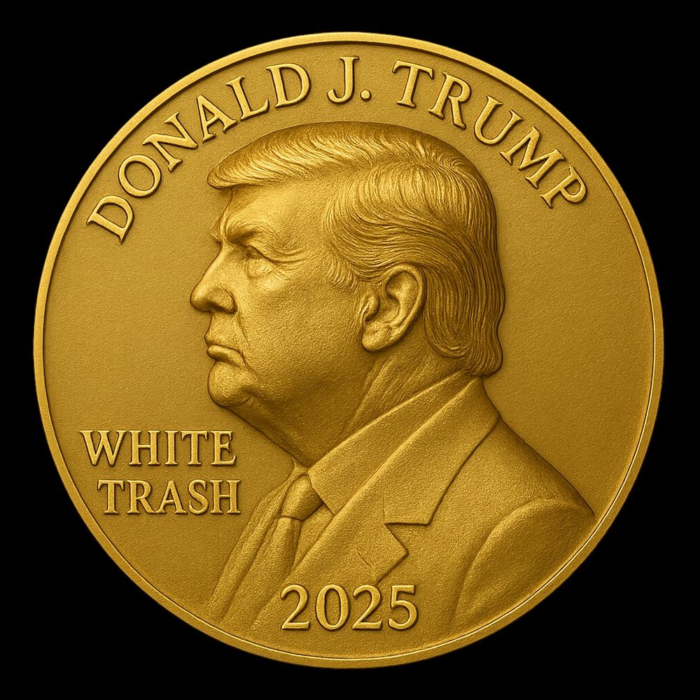 Goldene Gedenkmünze mit dem seitlichen Porträt eines älteren Mannes mit markanten Gesichtszügen und Anzug – stilistisch an Donald J. Trump angelehnt. Oben am Rand steht in großen Buchstaben „DONALD J. TRUMP“, links daneben die Worte „WHITE TRASH“, unten mittig die Jahreszahl „2025“. Die Münze ist professionell ausgeleuchtet, mit sanften Reflexionen auf der metallischen Oberfläche und einem dunklen goldfarbenen Verlauf im Hintergrund.