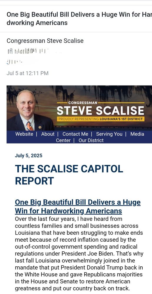 A screenshot of Steve Scalise email after passing citrus' big ugly bill. It has a picture of Steve Scalise to the left a white with a red tie and dark suit. 