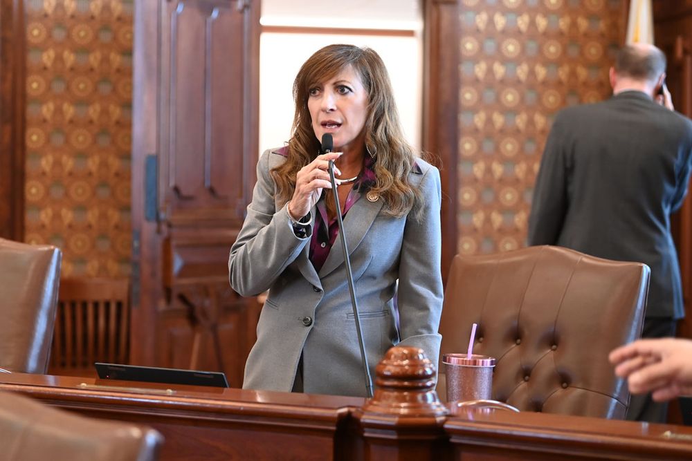Sen. Holmes stands at her desk in the Illinois State Senate chamber. She wears a gray suit; the desk and walls behind her are primarily brown.