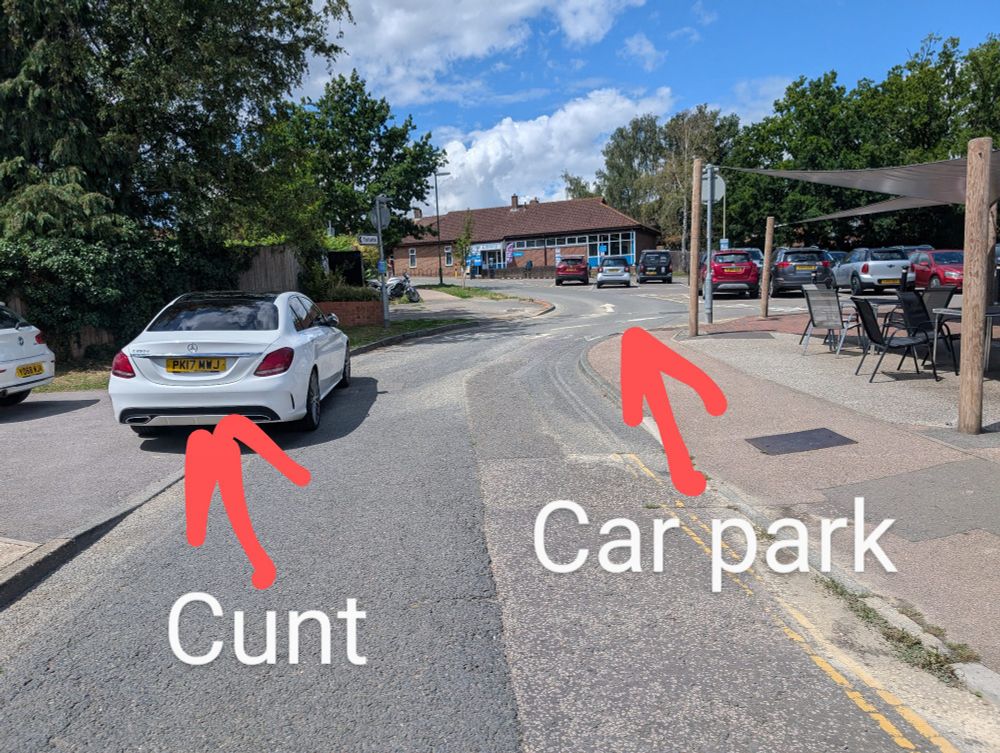 A picture showing a mercedes ditched in a layby, with a large red arrow under which is written, unsurprisingly perhaps, the word "cunt". On the other side of the picture, another large red arrow indicates the public carpark.whuch is no more than 20 m away from where this shitwit left his vehicle, blocking others in. He is in fact, a cunt of the highest order. 