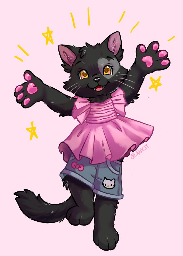 Art of a black anthro cat throwing her paws in the air.