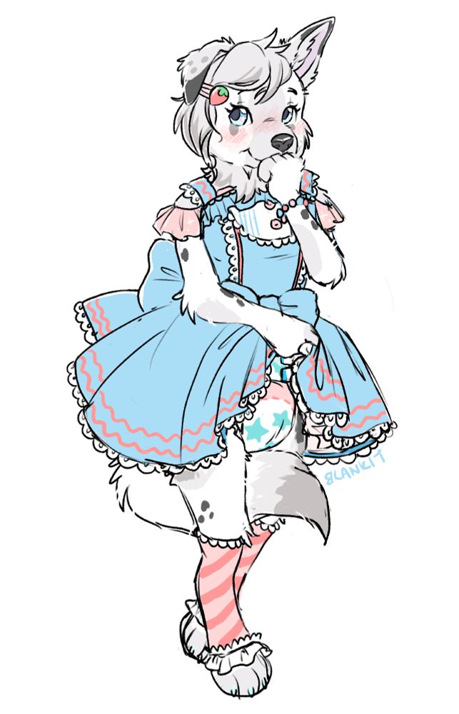 Art of a wolf in a blue frilly dress lifts the hem to show of a diaper.