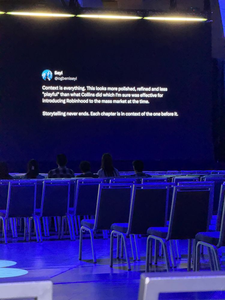 A tweet saying:
Context is everything. This looks more polished, refined and less "playful" than what Collins did which I'm sure was effective for introducing Robinhood to the mass market at the time.
Storytelling never ends. Each chapter is in context of the one before it.