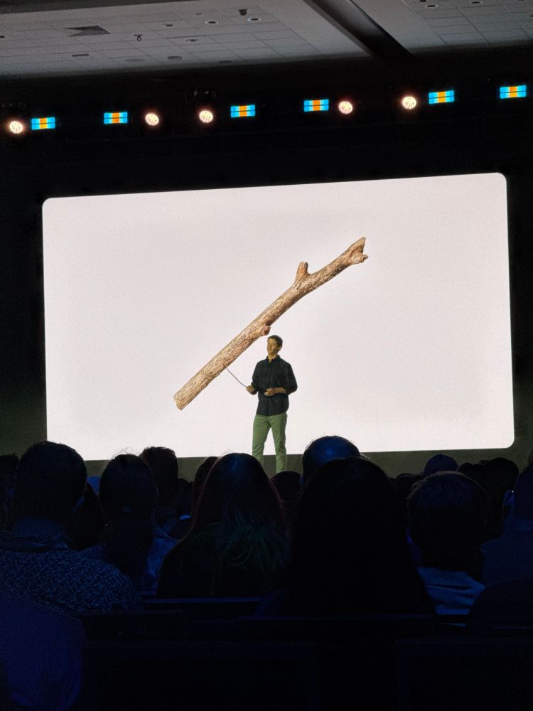 A man holding a stick with a picture of a stick behind him.