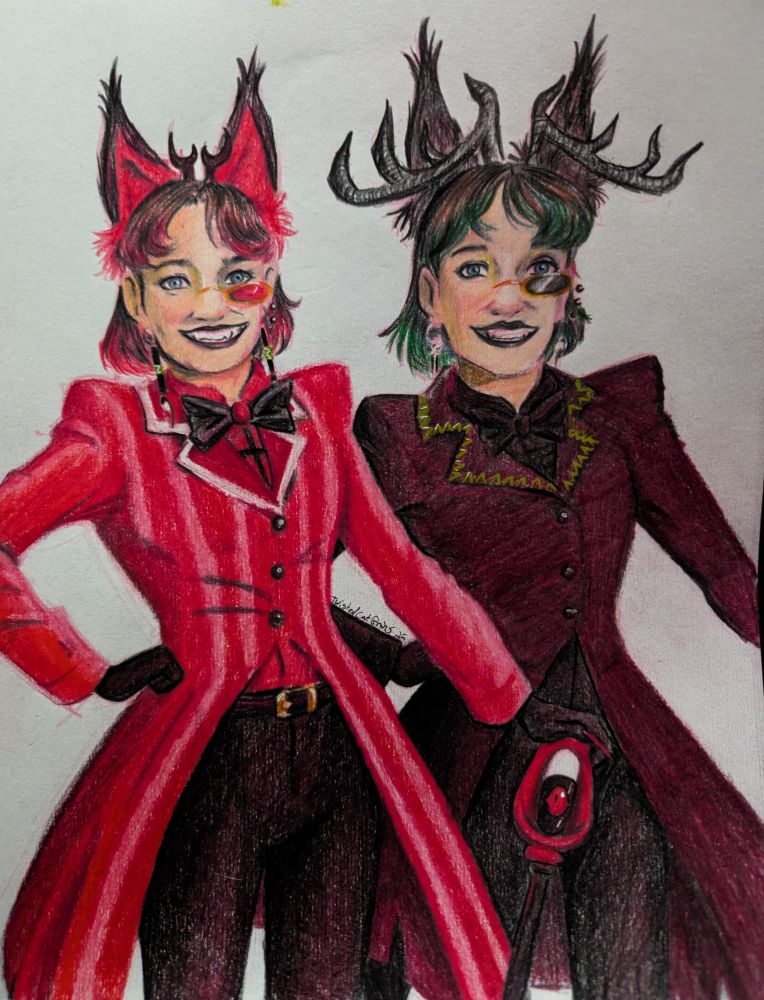 A drawing of Red Moon and Blue Moon cosplaying as Alastor and his shadow. Done with colored pencils.