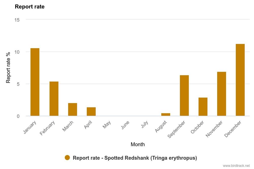 Bar chart showing monthly reporting rate of Spotted Redshank at RSPB Exminster Marshes. January & November-December are peak months, with a small autumn peak in September.