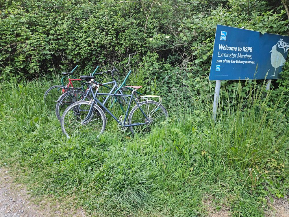 Three bicycles locked to a bike rack next to a blue RSPB sign