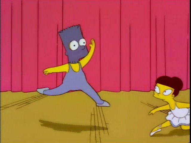 Bart Simpson performing ballet with a mask over his face