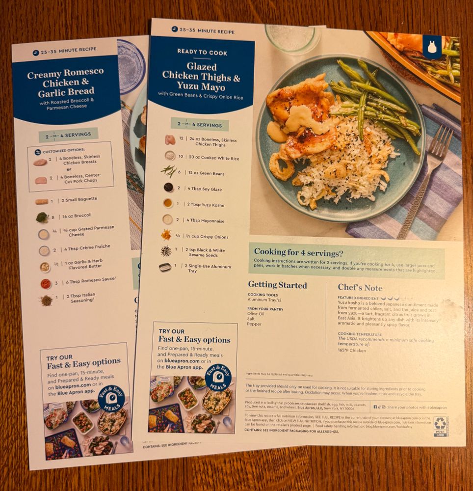 Two Blue Apron recipe cards: 
- Creamy romesco chicken and garlic bread
- Glazed chicken thighs & yuzu mayo