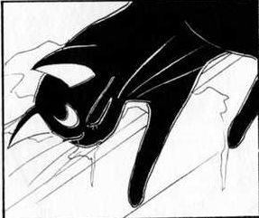 A scan of Luna from the Sailor Moon manga, passed out and bleeding on some steps.