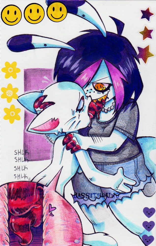Viscera fucking a white cat character's mouth with his tongue. A speech bubble shows an x-ray view of it's tongue squished inside their throat and thrusting up and down. The drawing is framed with various purple and yellow stickers.