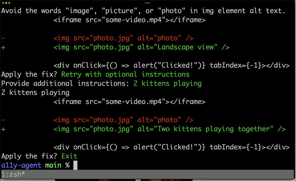 Screenshot of a11y agent command-line code in action.