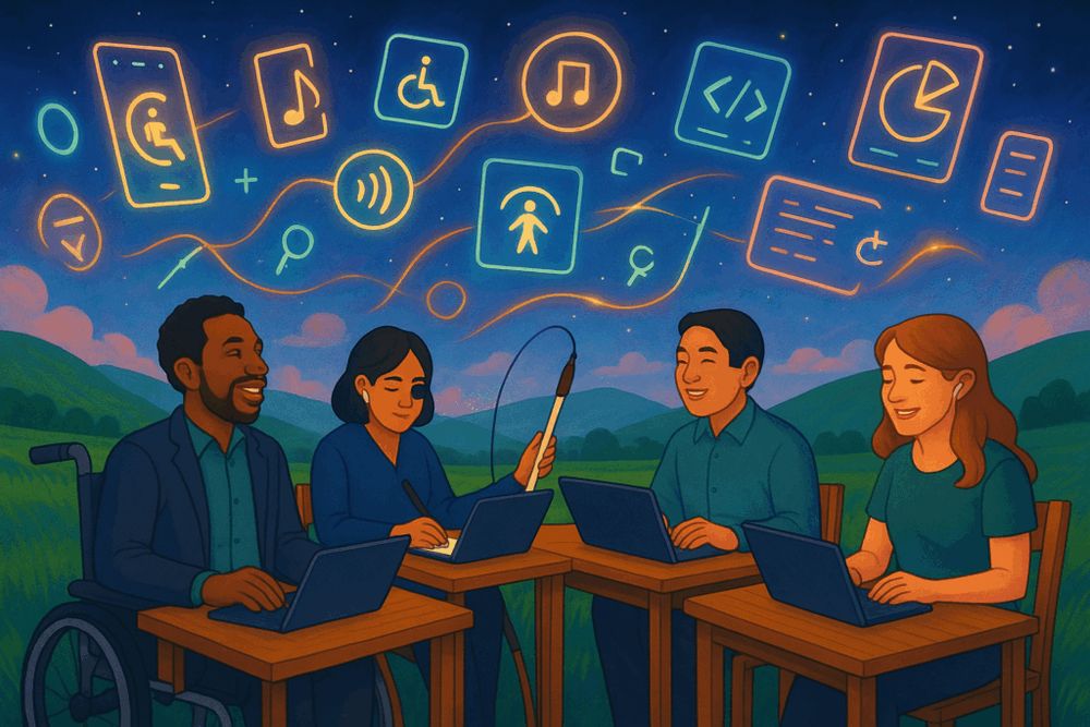 A vibrant digital illustration set in a peaceful twilight meadow shows four racially diverse professionals sitting at desks with laptops. 