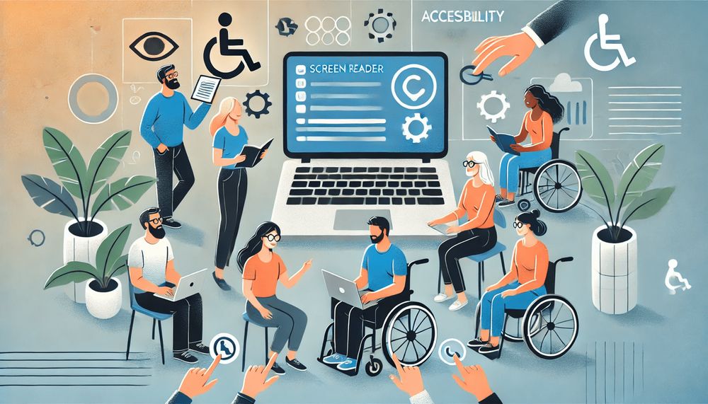 Group of diverse individuals, some using wheelchairs, interacting with technology in an inclusive setting. Accessibility icons appear in the background. 