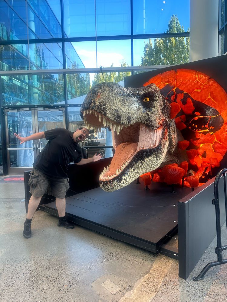 Me entering the mouth of a Lego Tyrannosaurus.