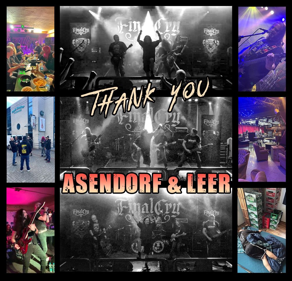 Das Foto zeigt eine Livecollage mit 9 Bildern der Konzerte der Mosh Im Mai Tour in Asendorf und Leer. In der Mitte sind untereinander 3 dynamische s/w Fotos im querformat der Bühnentotale während des Final Cry Auftritts. Man sieht in die Höhe gereckte Hände und Fäuste des Publikums. An den Rändern sind untereinander jeweils drei hochkant Fotos mit Impressionen der Tour. Zu sehen sind u.a. eine schlafende Person vor einem Stapel Bierkästen, der Tourtross vor der Szenerie in Leer, Musiker während des Caterings an einem langen Tisch, das Kulturhaus BO in Asendorf sowie 2 Livebilder mit Musikern der Bands Extinct und Savage Blood.