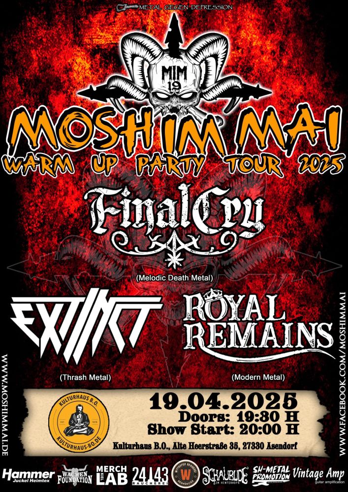 Flyer für "Mosh Im Mai Warmup"  19.04. Kulturhaus BO in Asendorf mit Logos von FINAL CRY, EXCTINCT, JARL