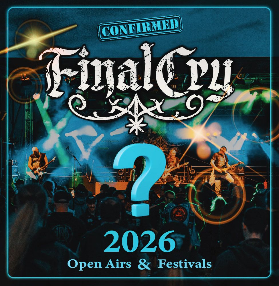 In Hintergrund ein Livefoto einer Open Air Bühne, im Vordergrund das FINAL CRY Logo und ein großes Fragezeichen mit der Untertitelung "2026 Open Airs & Festivals"