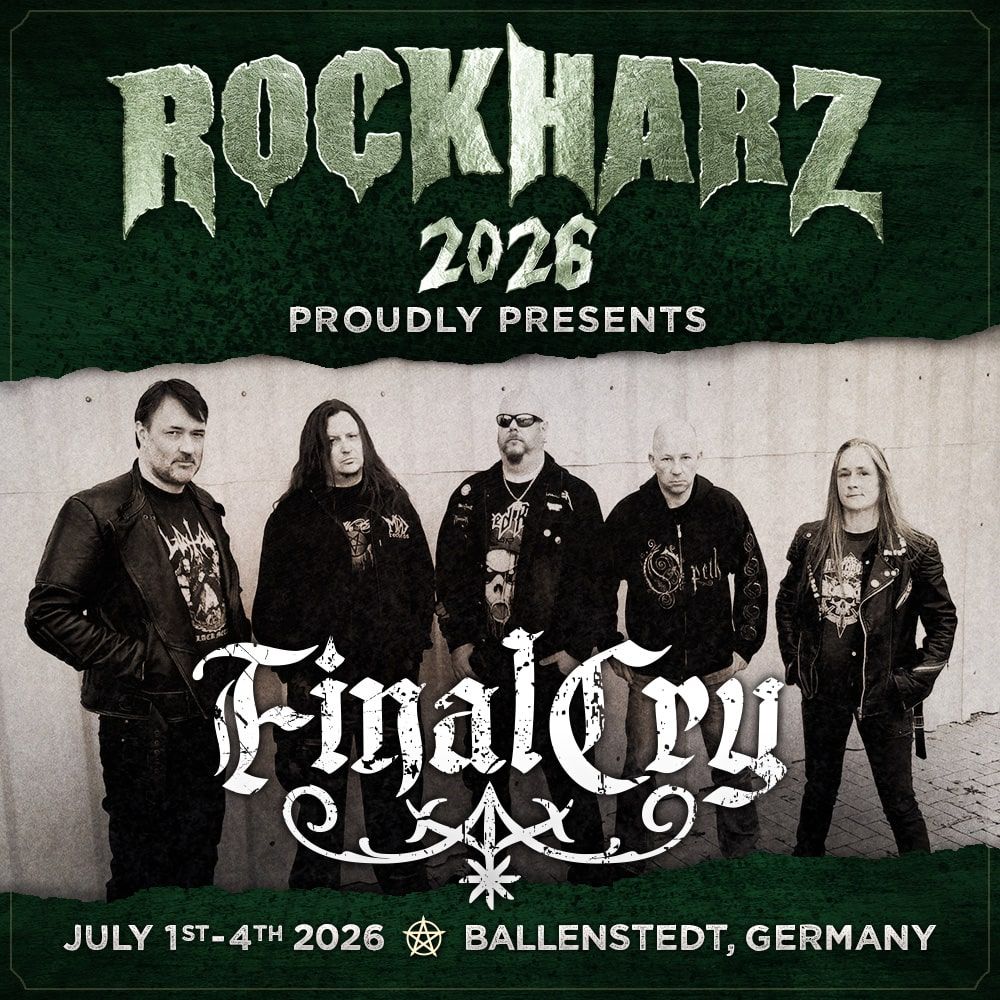 Announce Grafik des ROCKHARZ. Unter "ROCKHARZ 2026 proudly present" das Bandfoto und Logo von FINAL CRY. Als Fußzeile "July 1st-4th 2026, Ballenstedt, Germany"