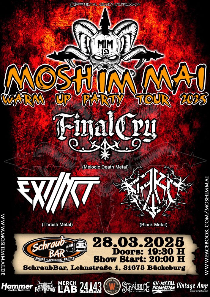 Flyer für "Mosh Im Mai Warmup"  28.03. SchraubBar in Bückeburg mit Logos von FINAL CRY, EXCTINCT, JARL