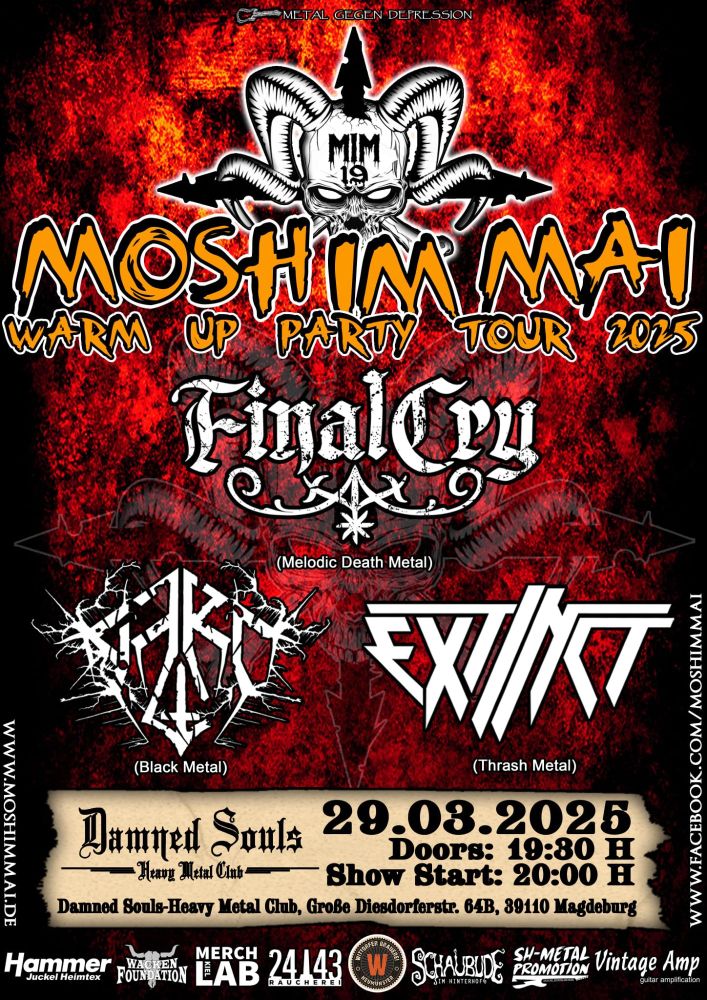 Flyer für "Mosh Im Mai Warmup"  29.03. Damned Souls in Magdeburg mit Logos von FINAL CRY, EXCTINCT, JARL