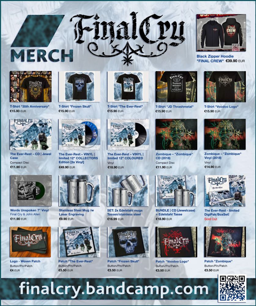 Grafik zeigt eine Übersicht aller Merchandise Artikel. CDs, Vinyl, Shirts, Tassen, Patches. Abgebildet sind 21 Artikel mit Bezeichnung und Preisangabe