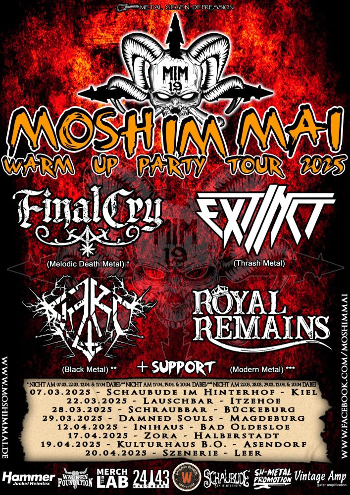 Tourflyer "Mosh Im Mai Warm Up" Bandlogos von FINAL CRY, EXTINCT, JARL und ROYAL REMAINS