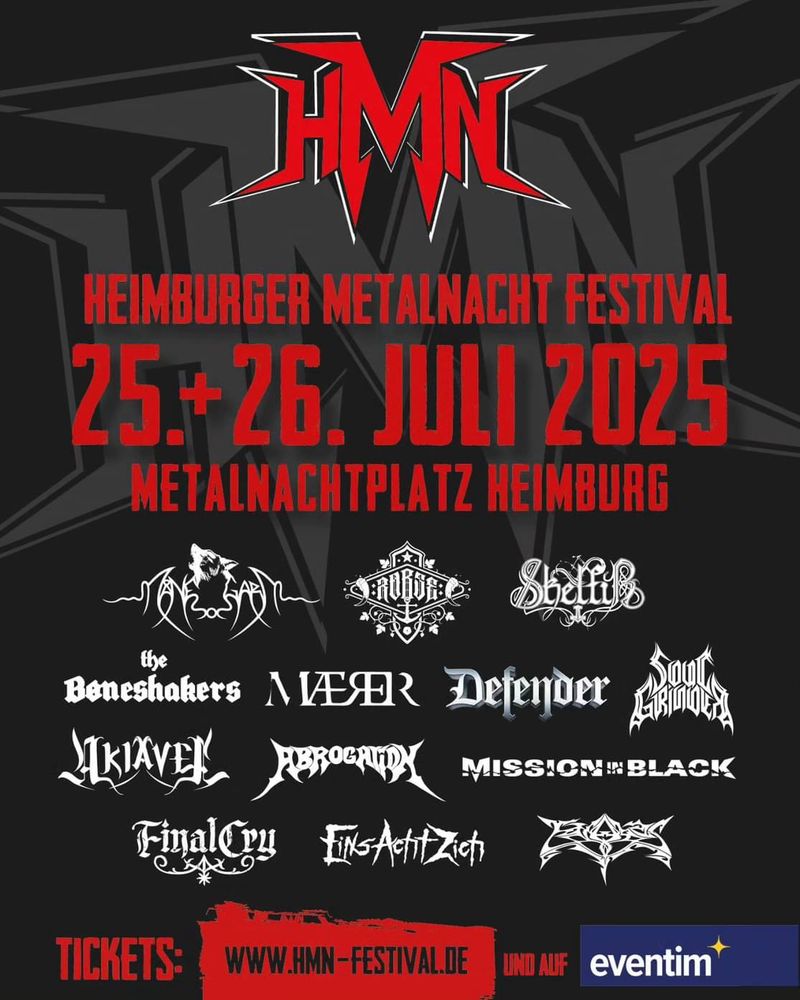 Ankündigungsplakat des HEIMBURGER METALNACHT Open Airs. Darauf Bandlogos von: Robse, Manegarm, Maerer, Akiavel, Final Cry, Tarabas, Abrogation, Defender, Soul Grinder, u.a.