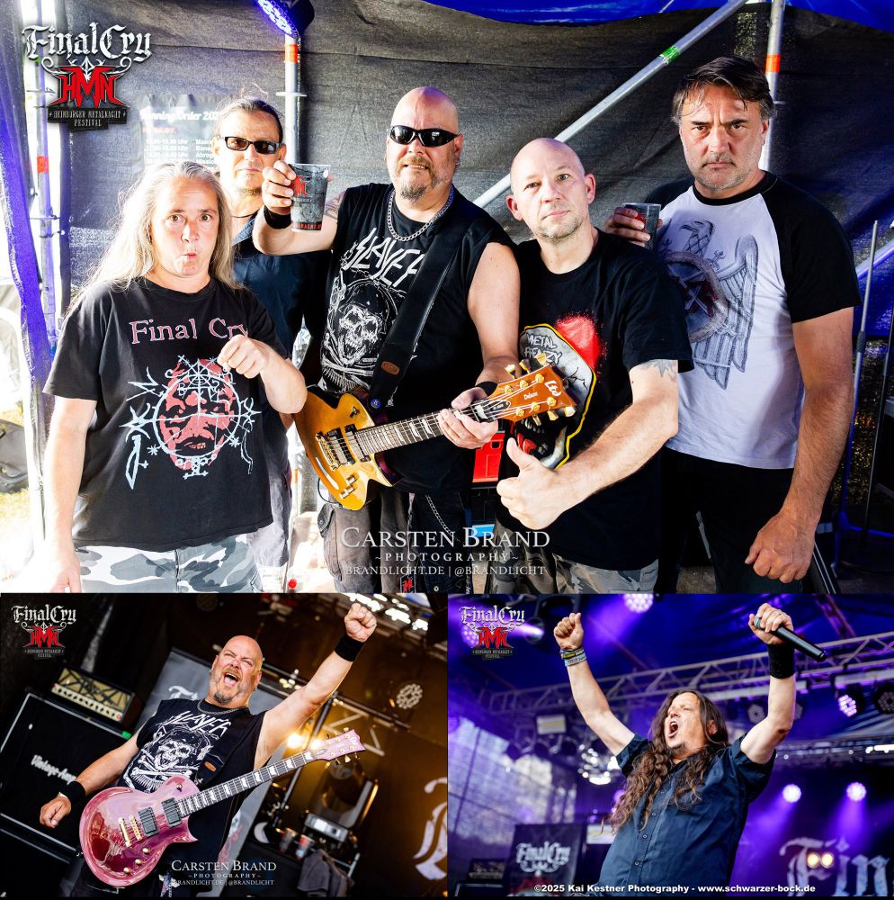 Collage aus drei Bildern. Großes oben, zwei kleinere darunter. Hier
- o. Gruppenfoto (kurz vor der Show) im Sidewing der Bühne am Aufgang. Musiker prosten und grüßen in die Kamera
- u.l. Gitarrist (Eiko) reckt die Faust in die Höhe und lacht dabei ins Publikum
- u.r. Sänger reckt beide Fäuste, animierend, in die Höhe