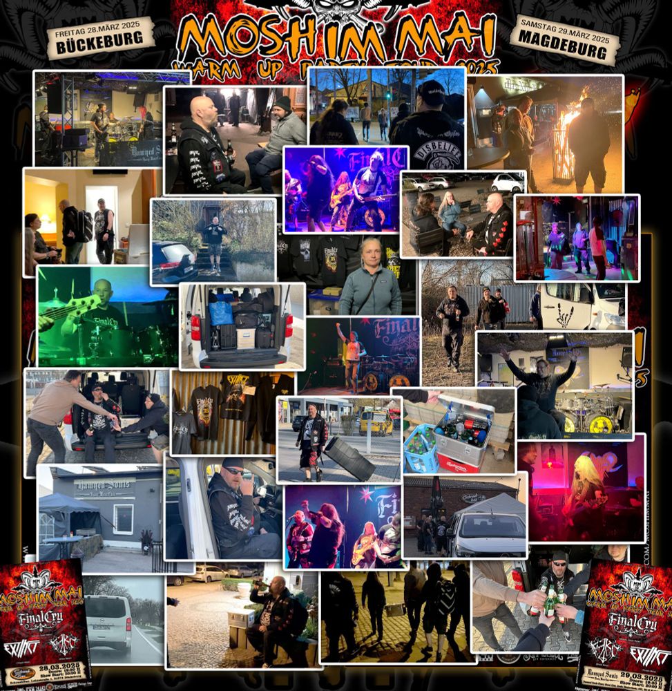 Fotocollage der Weekend Tour. Bild zeigt ~30 kleinere Fotos, mit Personen beim Bier trinken, be,- und entladen eines Transporters, einige Live Fotos und Bilder der Locations