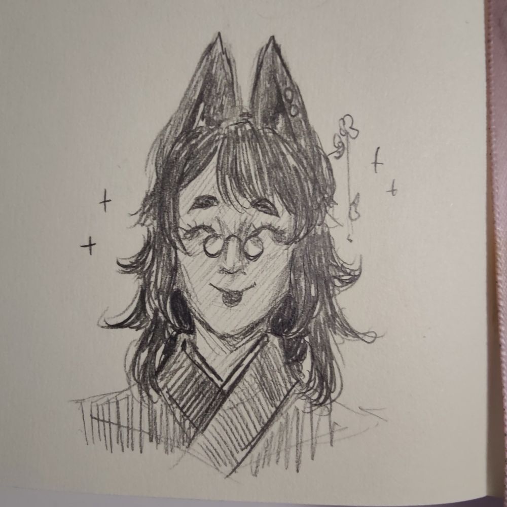 A pencil doodle of my fox lady OC Junko, smiling at the viewer 