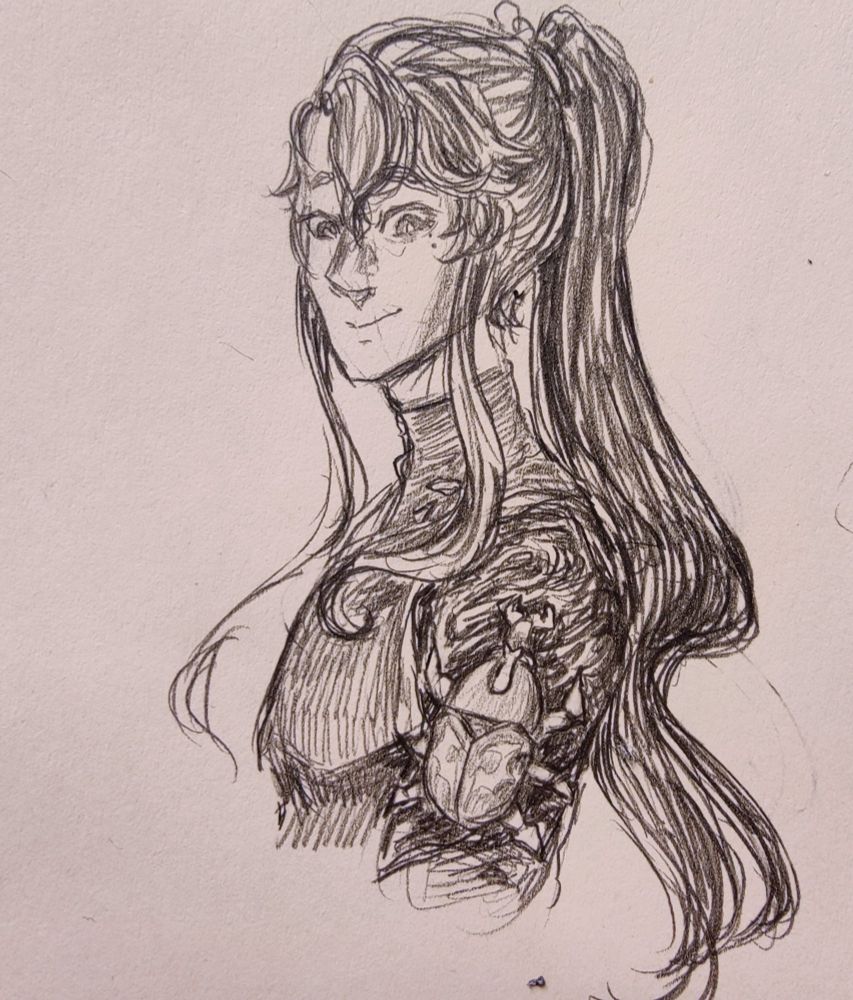 A pencil doodle of my OC Tsubaki, standing sideways facing left and looking down at the onikabuto beetle that is sitting on his left arm.