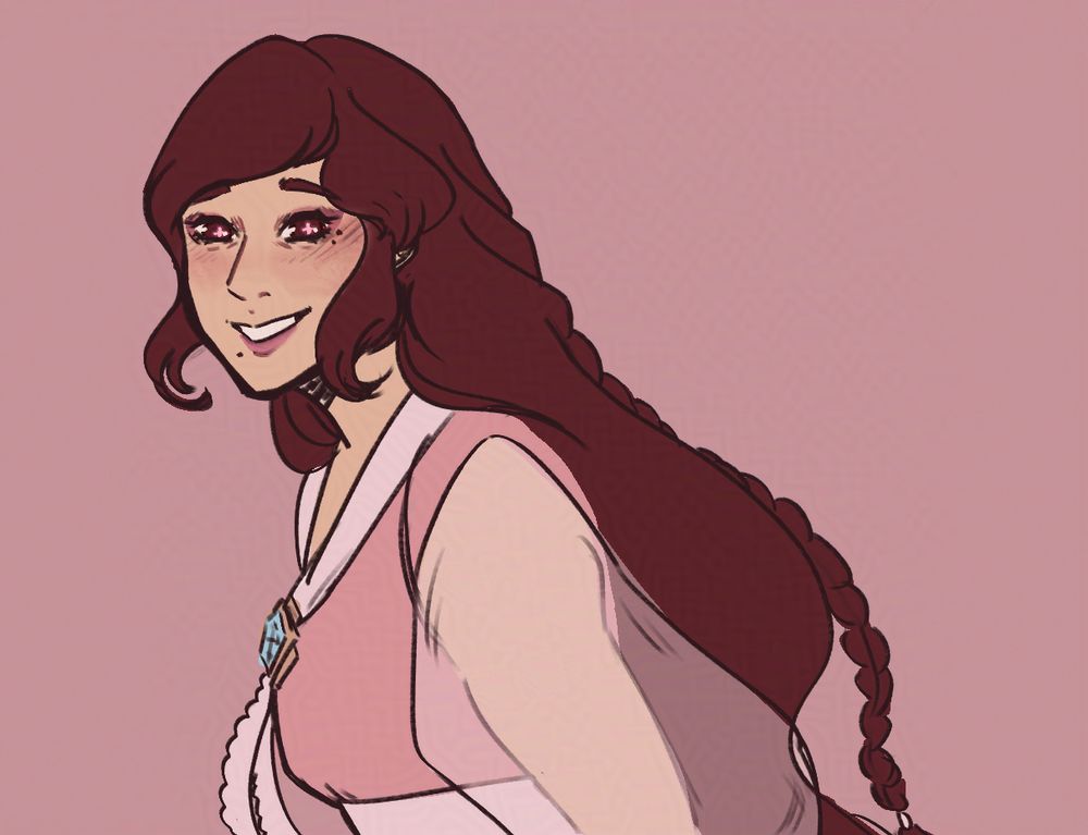 a digital doodle of my OC Gayoon from the side, she's leaning a bit forward to the left and looking at the viewer with a smile on her face.