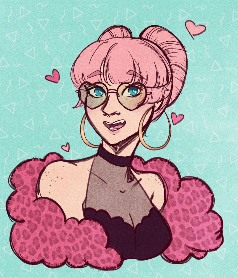 A bust drawing of my OC Cheri, wearing a mesh top and a poofy pink leopard print fur jacket, heart shaped glasses and big gold hoop earrings, hair tied up in a shape imitating a heart.