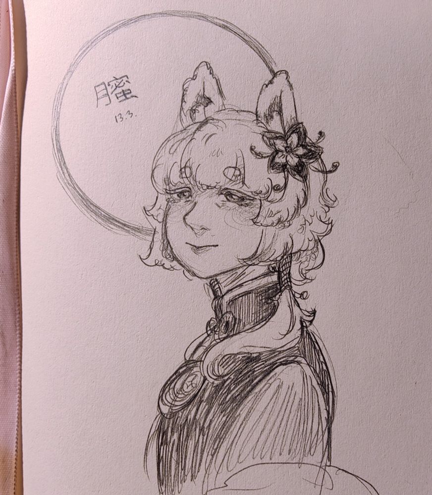 A pencil doodle of my bunny girl adeptus OC Yuemi on her birthday, 13th of March today. Her name is written next to her in chinese.
