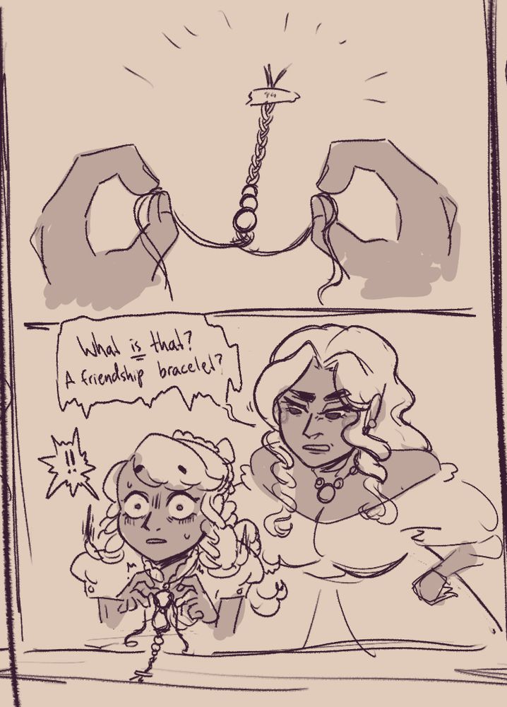 A 2-panel comic page. First panel shows from Eloïse's point of view, her hands holding strings and what she is creating: a simple friendship bracelet with braided pattern, and three pearls on it. 
The second panel now shows her and a person behind her leaning down to look at it too: her adult sister, Euphrasie. Euphrasie says in a cold tone: "What is that? A friendship bracelet?", while Eloïse jolts, visibly shocked from her sister's sudden appearance.