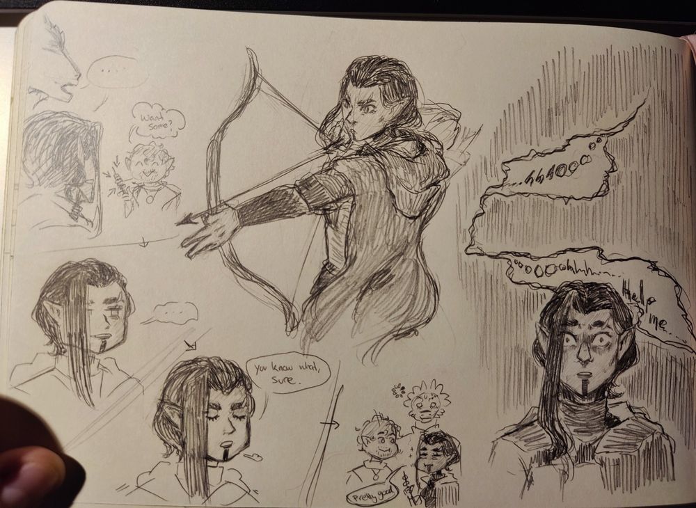 Doodles from the first part of their dungeon crawling, hearing mysterious scary voices, Louhi wielding her shortbow, and the gang feasting on some mystery meat skewers