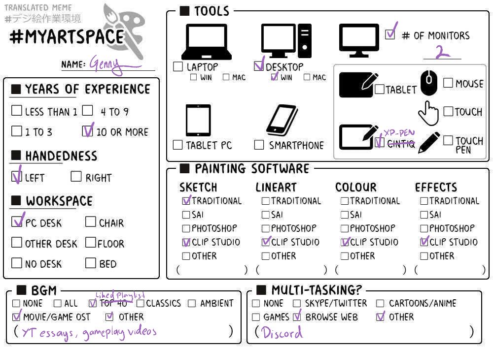 A filled meme template for MyArtSpace. I have 10+ years of experience, I'm left-handed, and my workspace is my PC desk. I work on Windows desktop and have two monitors, and work with XP-PEN screen tablet. I do sketches in traditional and Clip Studio, lineart colour and effects all with only Clip Studio. my background "music" is either my Spotify liked list, movie/game OST, or Youtube essays or gameplay videos. I also multitask with either web browsing or Discord.